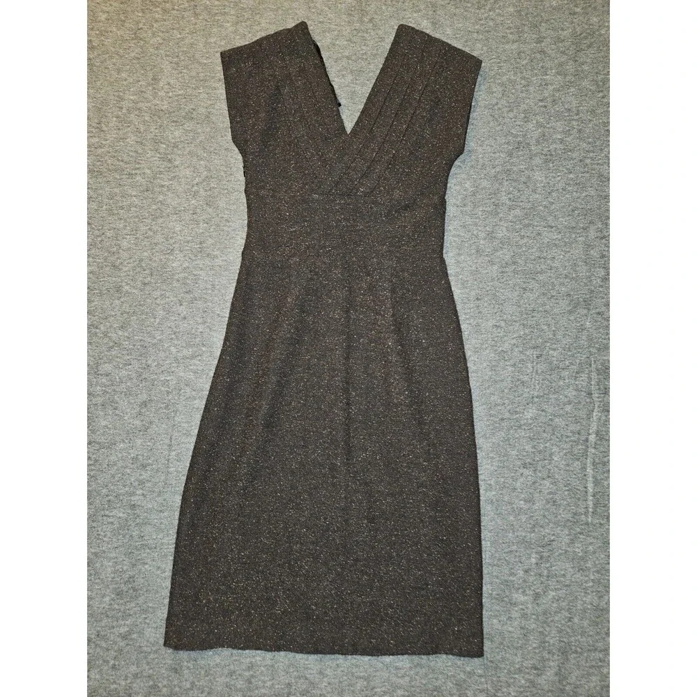 Banana Republic Wool Silk Blend Dress 0 Brown Tweed V-Neck Knee Length Lined - Picture 7 of 8